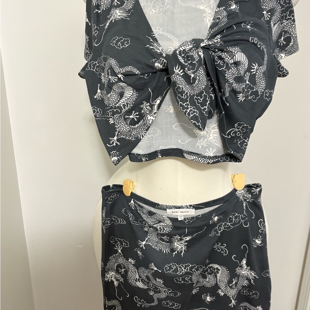 Grey and White Dragon Print Top and Skirt Set